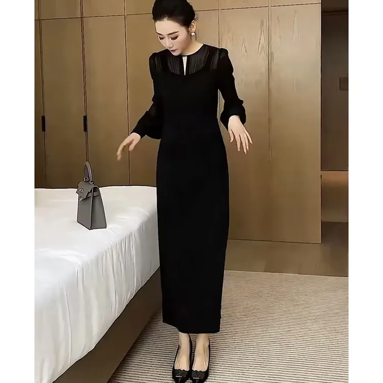 法式高级感长袖收腰显瘦黑色裙子大码气质赫本风连衣裙女春秋新款