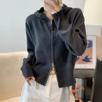 双拉链连帽针织衫纯色有型时尚针织短外套女266-9002