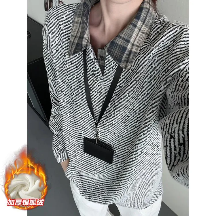 美式重磅雪尼尔加绒卫衣男女款秋冬季针织翻领长袖t恤加厚polo衫