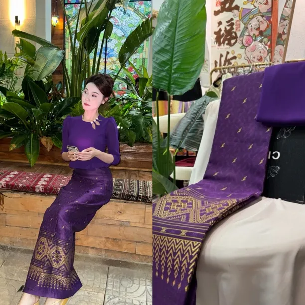 傣族服饰机织布面料一套的布料紫色绝美已压衬