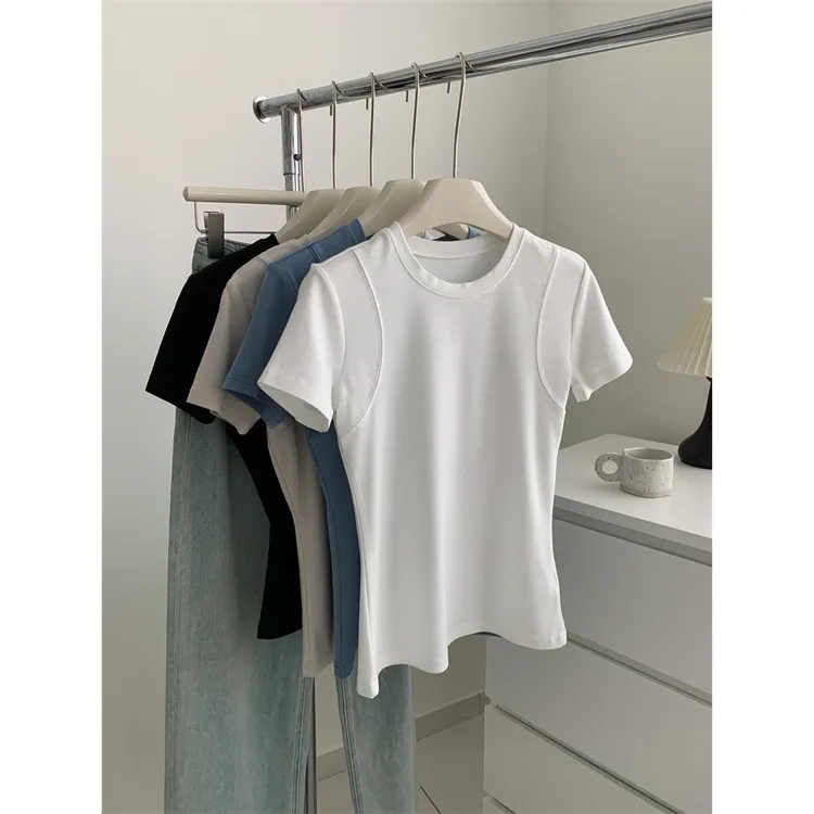 设计感拼接短袖圆领正肩T恤女小个子短款修身显瘦打底衫2025春夏