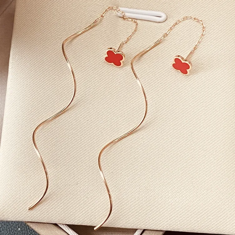 18k金耳线女流苏烤漆玫瑰金耳饰彩金长款耳坠送女友轻奢时尚百搭