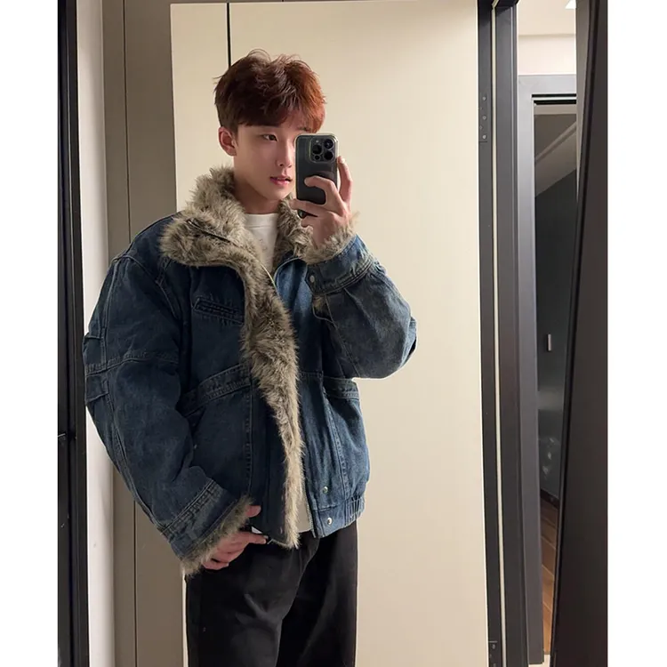 美式复古水洗解构座山雕毛领牛仔棉服男款冬季设计感加厚棉衣外套