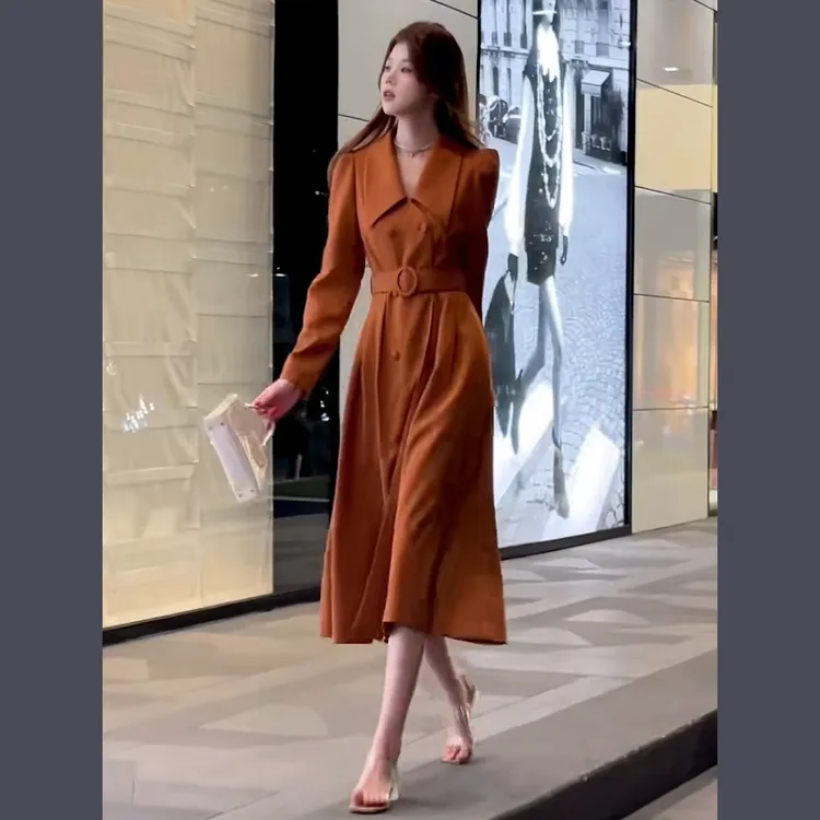 端庄法式长袖连衣裙秋冬女装2025新款通勤名媛风衣正式场合连衣裙