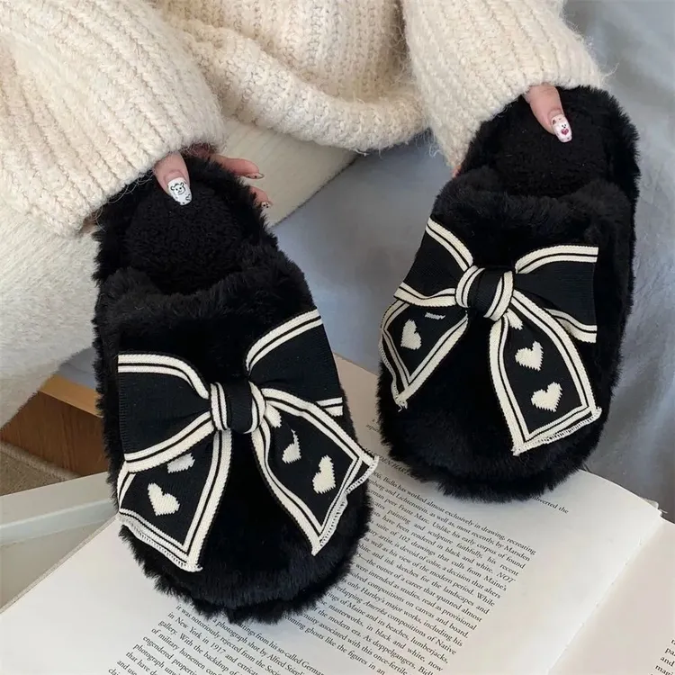 韩版时尚网红蝴蝶结一字棉拖鞋秋冬季新款休闲居家外穿毛毛拖鞋女