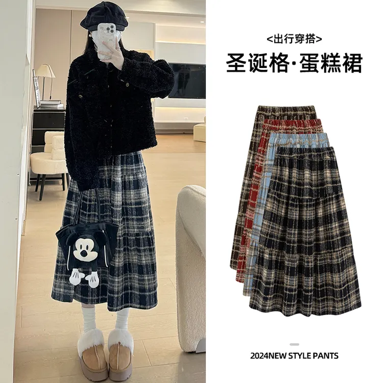 格子裙女春秋冬胖mm大码a字中长款半身裙高腰宽松显瘦毛呢蛋糕裙