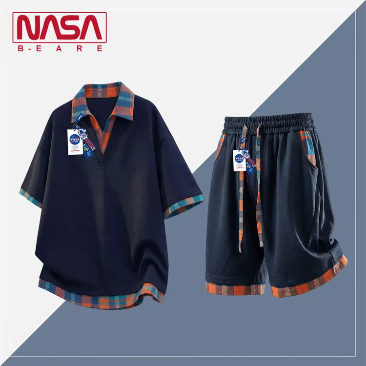 NASA联名潮牌美式假两件POLO衫夏季撞色轻奢休闲套装男夏日一整套