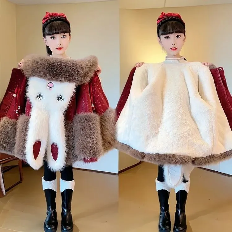 女童冬季高级感时髦兔耳朵仿皮草毛毛外套女孩加绒加厚派克拜年服