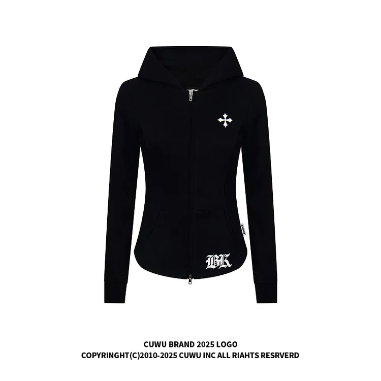cuwu美式辣妹十字架印花开衫短款外套女秋季修身显瘦运动连帽卫衣