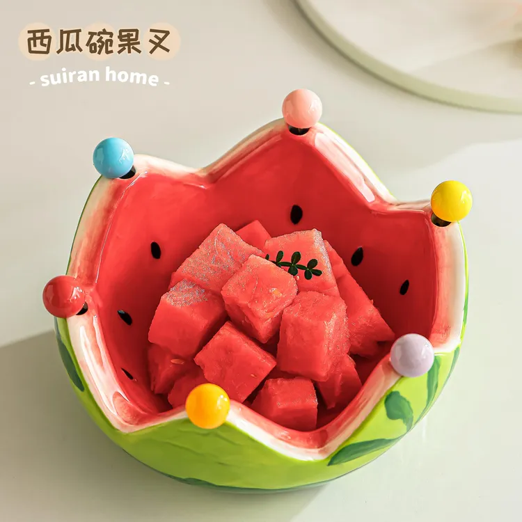 高颜值西瓜水果叉家用客厅茶几水果盘碗不锈钢创意可爱小叉子套装