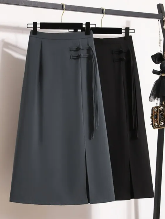 夏季新款国风黑色高腰开叉气质垂感A字裙显瘦中长款半身裙女款