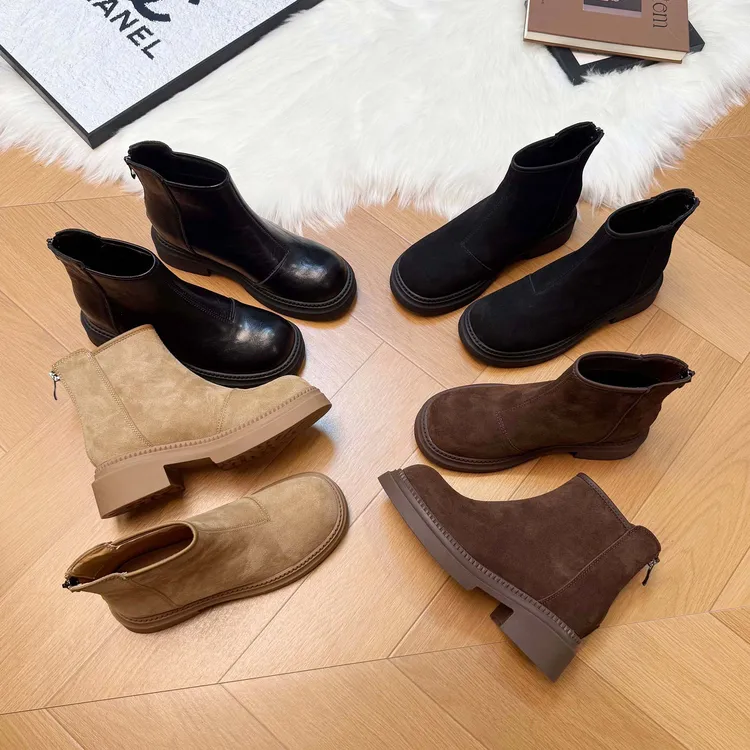 琥珀风~8cm内增高厚底短靴女2025秋冬新款粗跟真皮靴子切尔西女靴