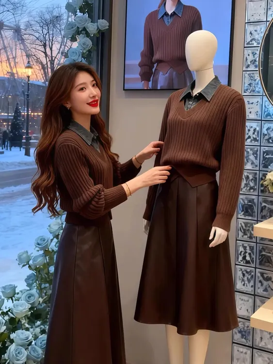 时尚洋气假两件翻领毛衣女秋冬季设计感宽松显瘦百搭叠穿针织上衣