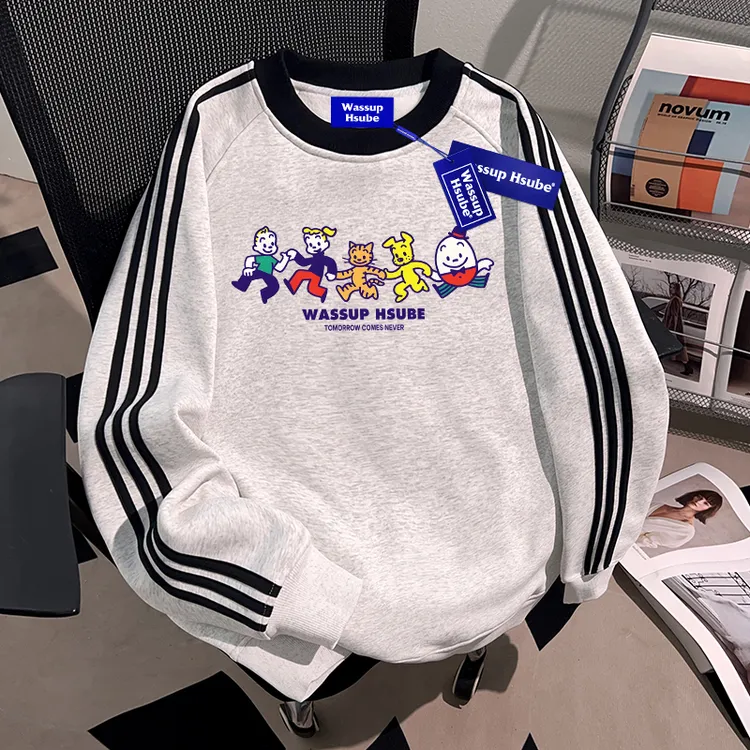 WASSUP HSUBE美式复古三条杠圆领卫衣卡通印花秋冬百搭上衣男女款