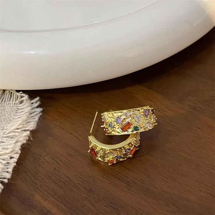 铜合金锆石耳饰 撞色锆石不规则金属耳钉女高级感个性简约百搭气