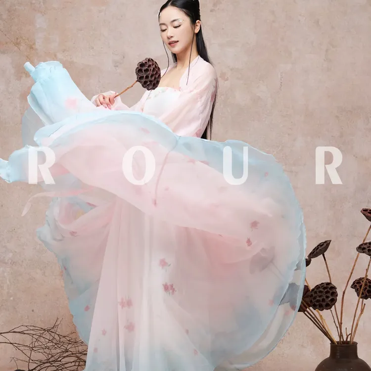 【桃夭】桃花印花粉蓝渐变大摆纱衣纱裙套装仙气飘飘古典舞服
