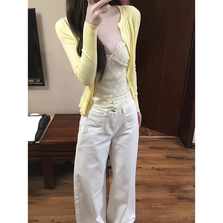  纯欲性感蕾丝拼接长袖女辣妹修身吊带短款两件套上衣百搭裤子