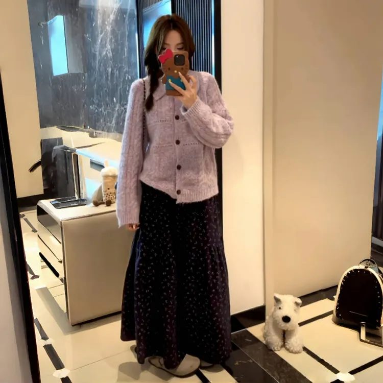 遮胯显瘦百搭裙子高质秋冬毛棉布复古碎花A字半身裙高腰宽松通勤