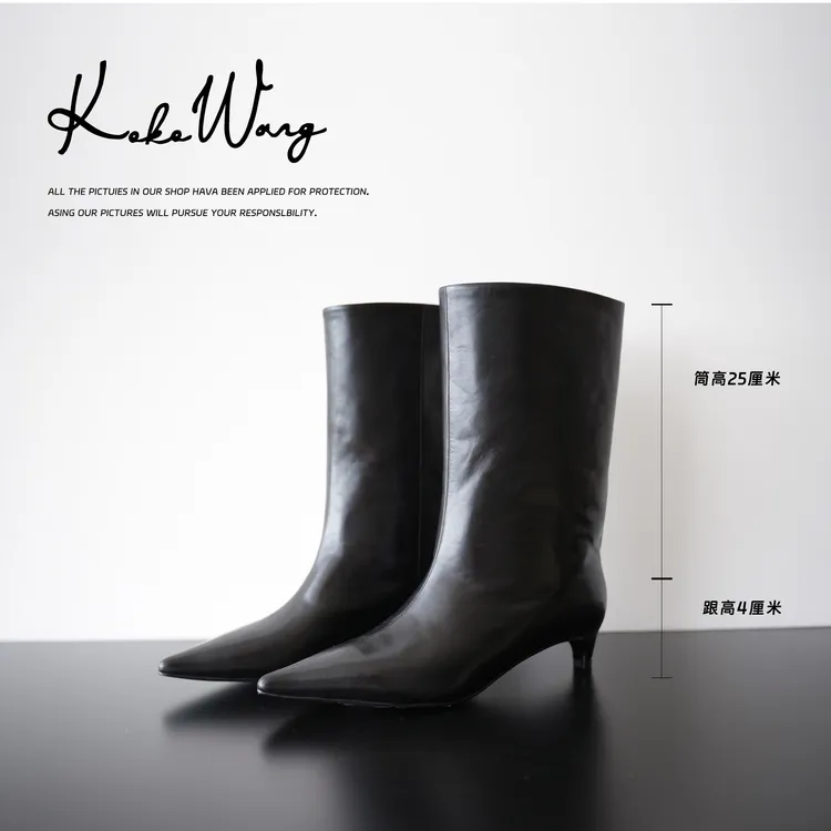 KOKO WANG秋冬新款植鞣小牛皮尖头显瘦猫跟时装短靴X2355H29X18