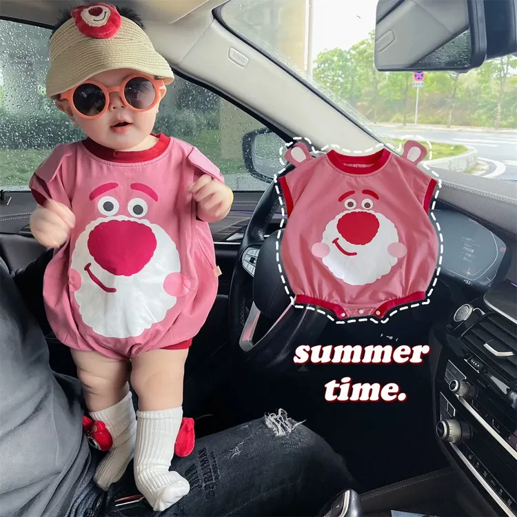 婴儿夏季连体衣宝宝三角哈衣短袖衣服薄可爱超萌草莓熊包屁衣爬服