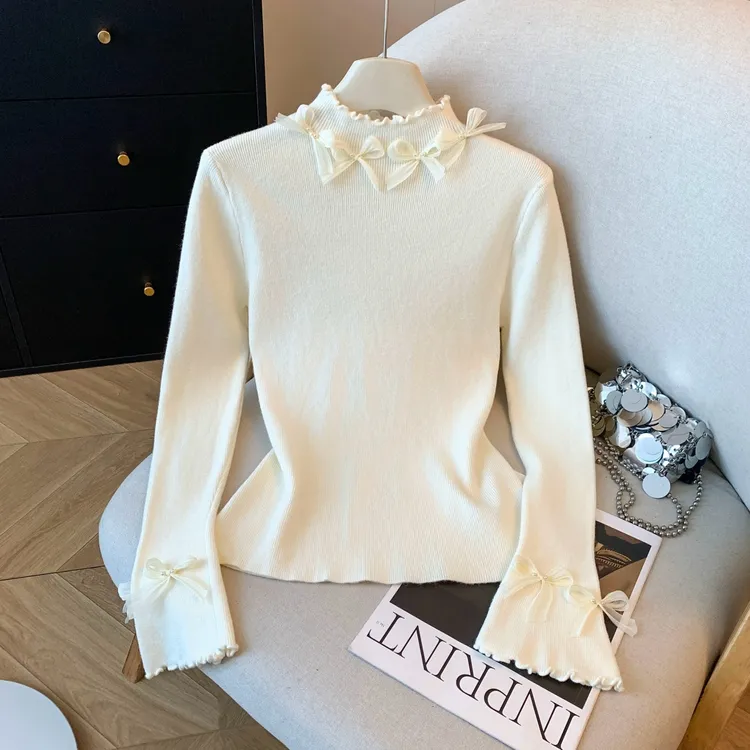绝美钉珠蝴蝶结打底衫女2026冬季法式喇叭袖针织内搭修身气质上衣