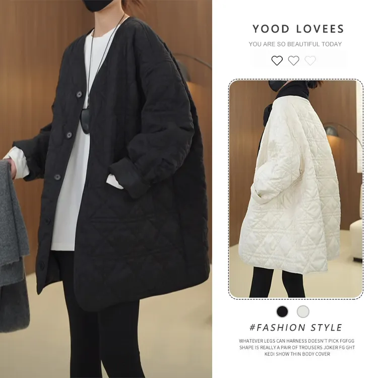 欧洲站2025冬季新款韩版百搭宽松中长款圆领外套女时尚纯色棉服潮