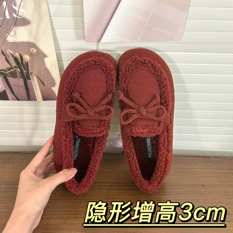 3cm复古红色羊毛呢厚底毛毛鞋加绒玛丽珍一脚蹬鞋子女冬棉鞋通勤