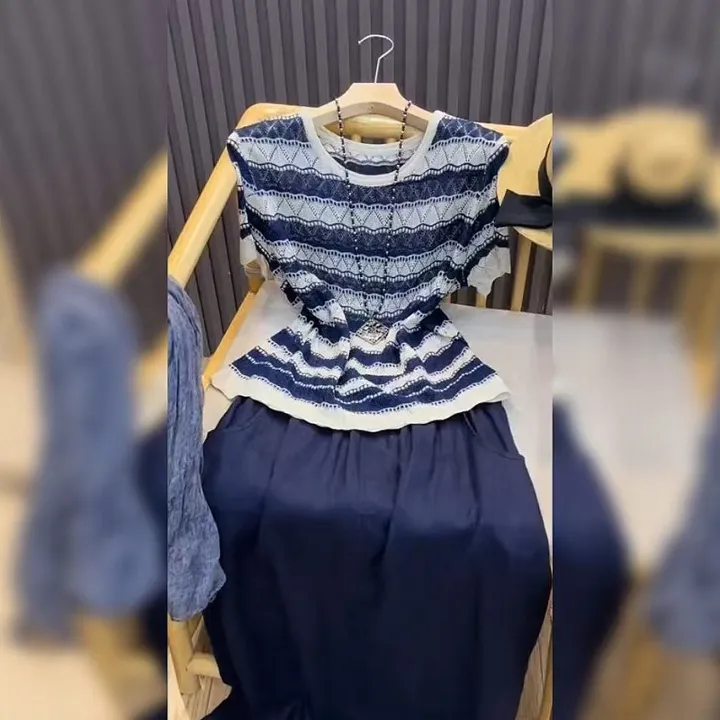 [工厂直销套装]夏新款时尚条纹镂空短袖高腰垂感a字裙99454+Q254