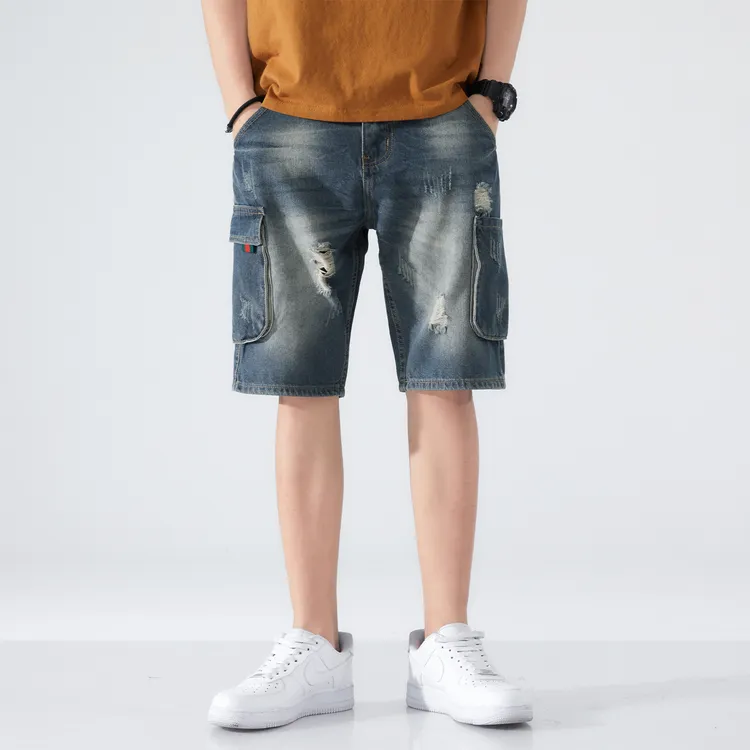 男士破洞牛仔五分裤宽松大码美式潮牌多口袋工装短裤直筒休闲中裤
