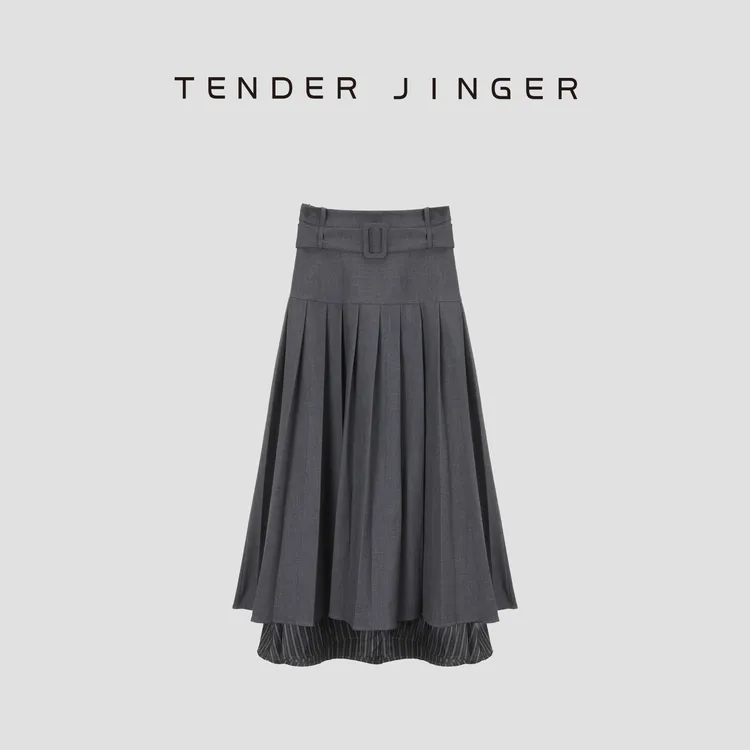 Tender Jinger显瘦中长款腰带款褶皱半身裙T53LLY41333