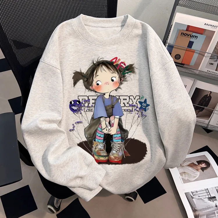 Dekkry韩系创意卡通女孩印花oversize内搭t恤秋冬纯棉长袖男女款