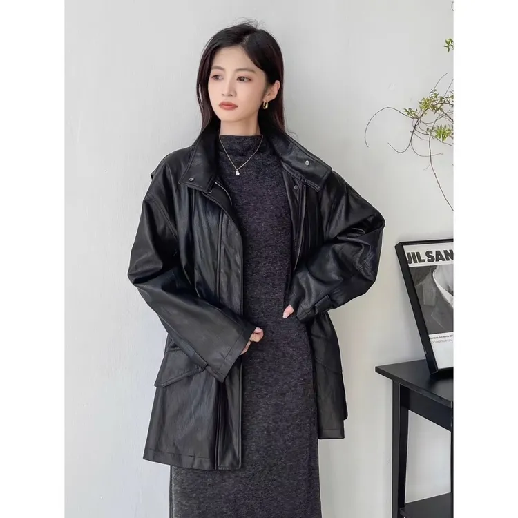 黑色皮衣外套女款春秋2025新款立领中长款机车服气质开衫夹克上衣