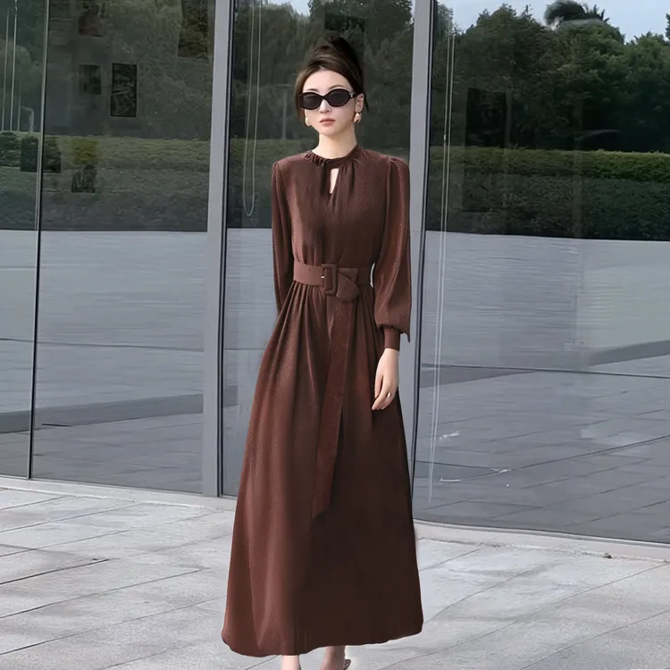 【有里布】【送腰带】2025春季新款气质名媛优雅长袖大摆连衣裙D0523