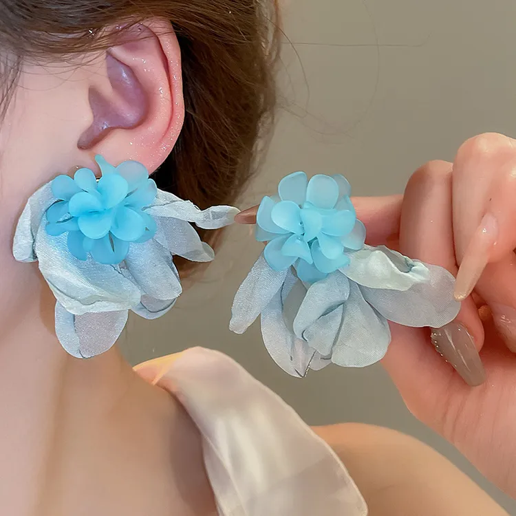 非金属亚克力耳饰 网纱布艺花朵编织耳钉甜美小清新耳环耳饰