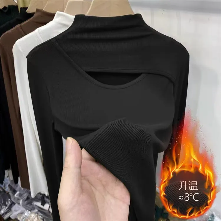 莫代尔棉春秋半高领打底衫大码修身内搭T恤镂空双十一长袖打底