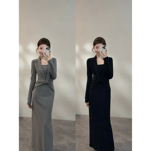 【颂宋】 秋冬新款扭结设计V领两件修身显瘦连衣裙直筒裙DT1732