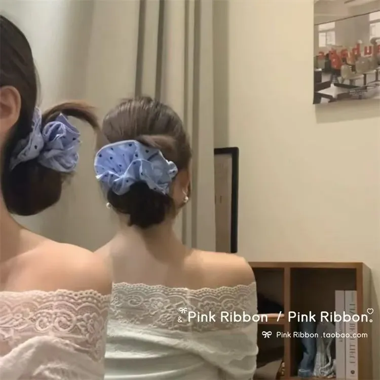 韩系欧尼高级感立体花边头花发圈韩式客订蓝色条纹爱心印花大肠圈