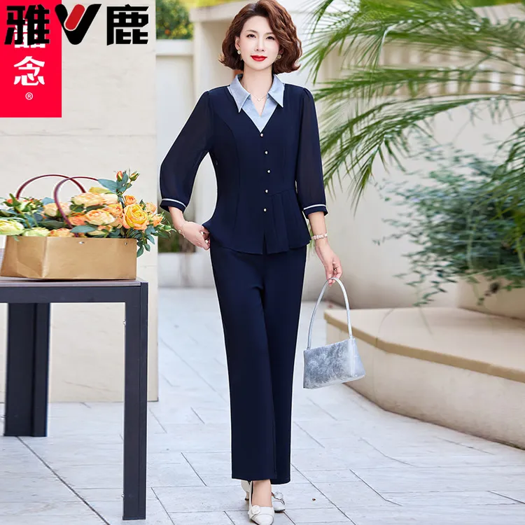 雅鹿优选2025春夏新款妈妈装时尚套装洋气中年女气质七分袖衬衫上