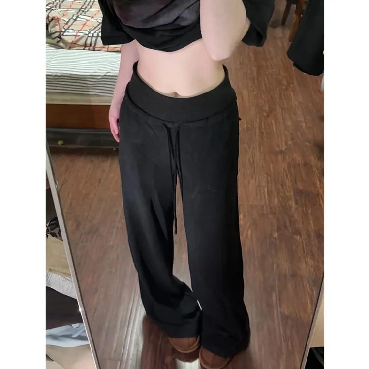 【珂塔芙】黑色抽绳休闲阔腿裤女春秋2025宽松慵懒风高腰直筒长裤子