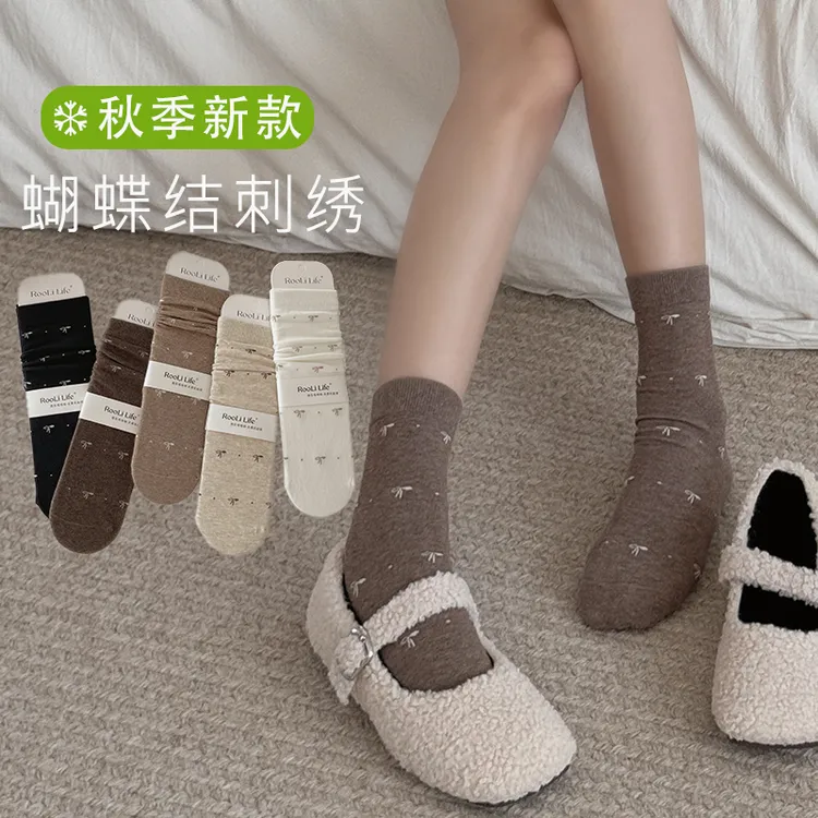 女防滑学院风耐磨薄款中筒袜极简风秋季冬季蝴蝶结柔软舒适堆堆袜