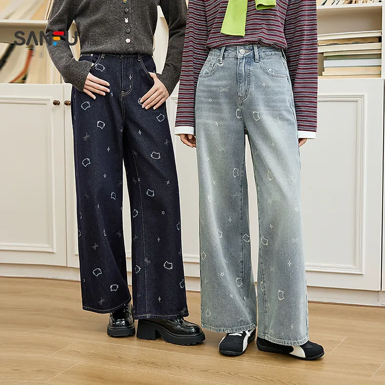 三福牛仔长裤2025秋季时尚小猫印花宽松阔腿裤裤子女装504793