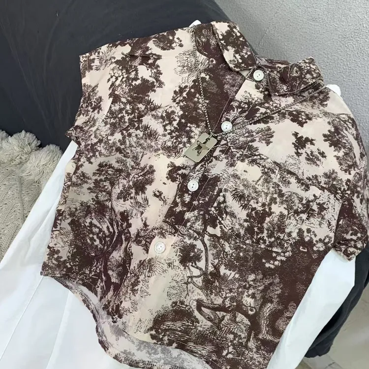 男童新款衬衫花色夏威夷风格百搭儿童上衣半袖系扣短袖时尚