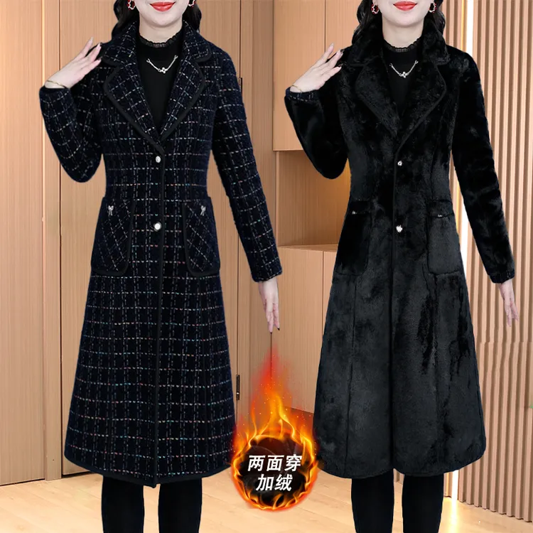 双面穿格纹气质毛呢外套女士2025秋冬新年战袍加绒加厚中长款大衣