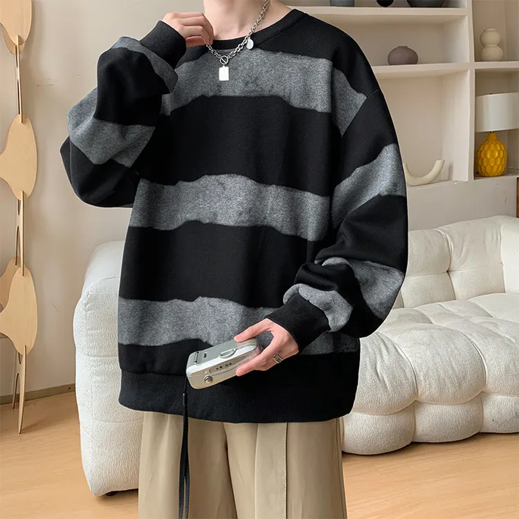 【加绒可选】套头百搭大码长袖抗皱印花圆领卫衣保暖拼接条纹潮流