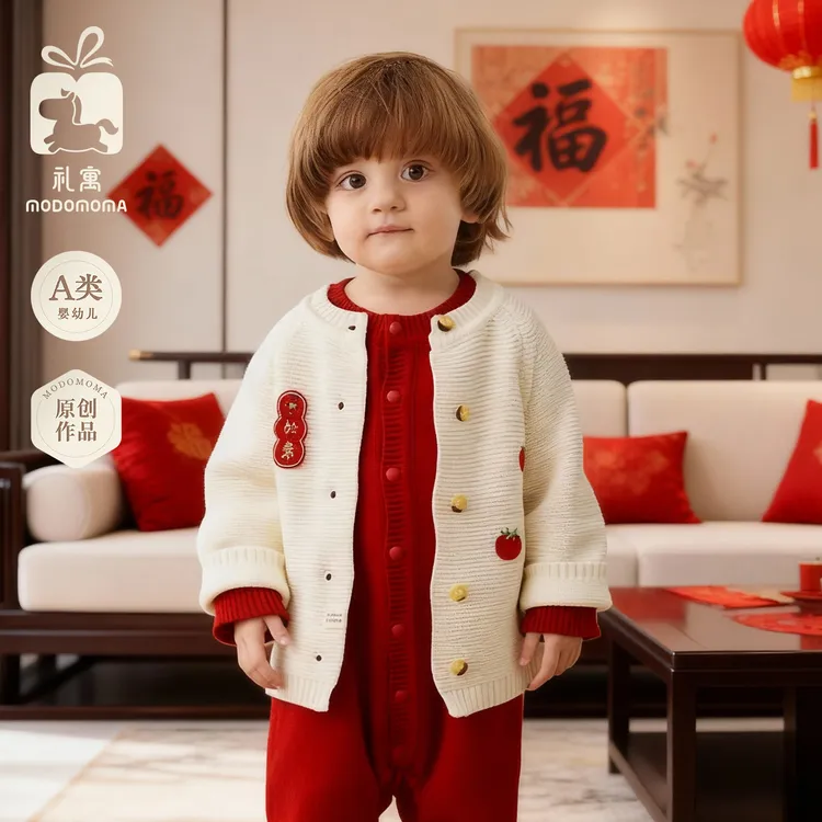 男女宝宝针织开衫婴幼儿红色毛衣外套新年喜庆百搭毛衣