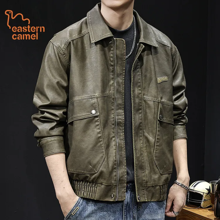 东方骆驼常规直下摆男装宽松青年翻领休闲夹克美式机车皮防风外套