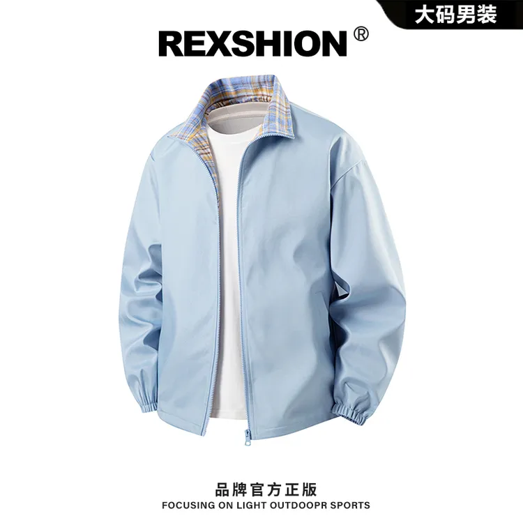REXSHION秋季新款拼接撞色条纹格翻领夹克男美式时尚休闲宽松外套