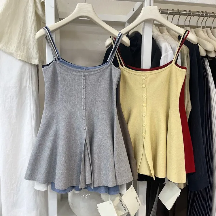 舒适百搭排扣设计开叉针织吊带背心女夏季纯欲外穿辣妹内搭上衣