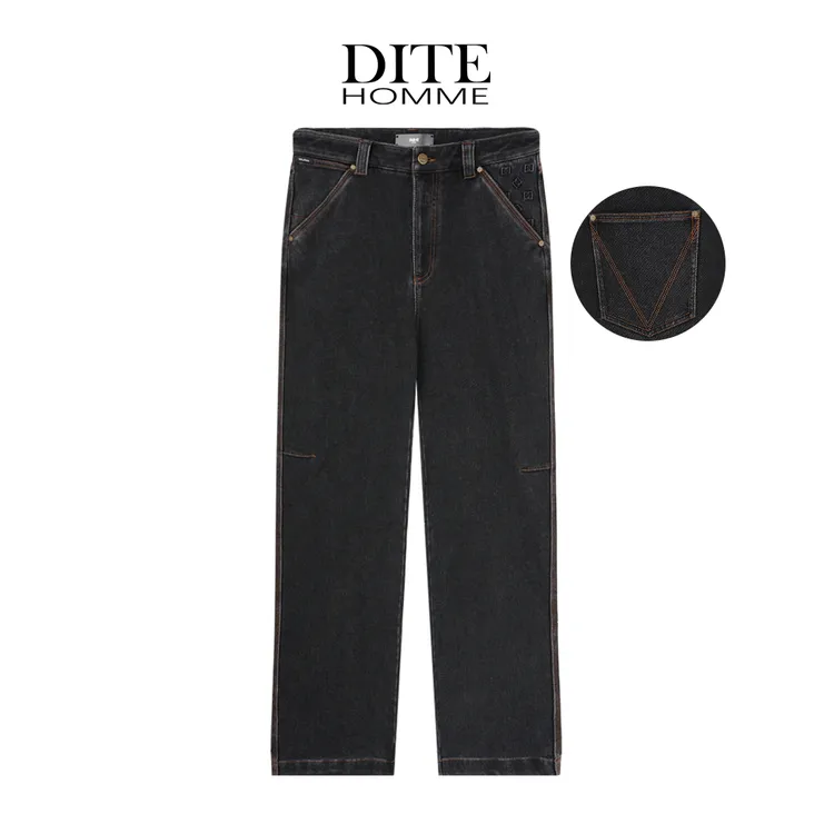 Dite迪特男士新款厚款秋冬刺绣水洗黑明线牛仔裤男士微阔男装直筒