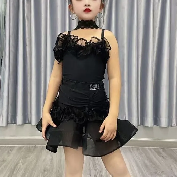 夏季新款少儿拉丁舞女童黑色吊带露背鱼骨网大摆裙练习服分体套装